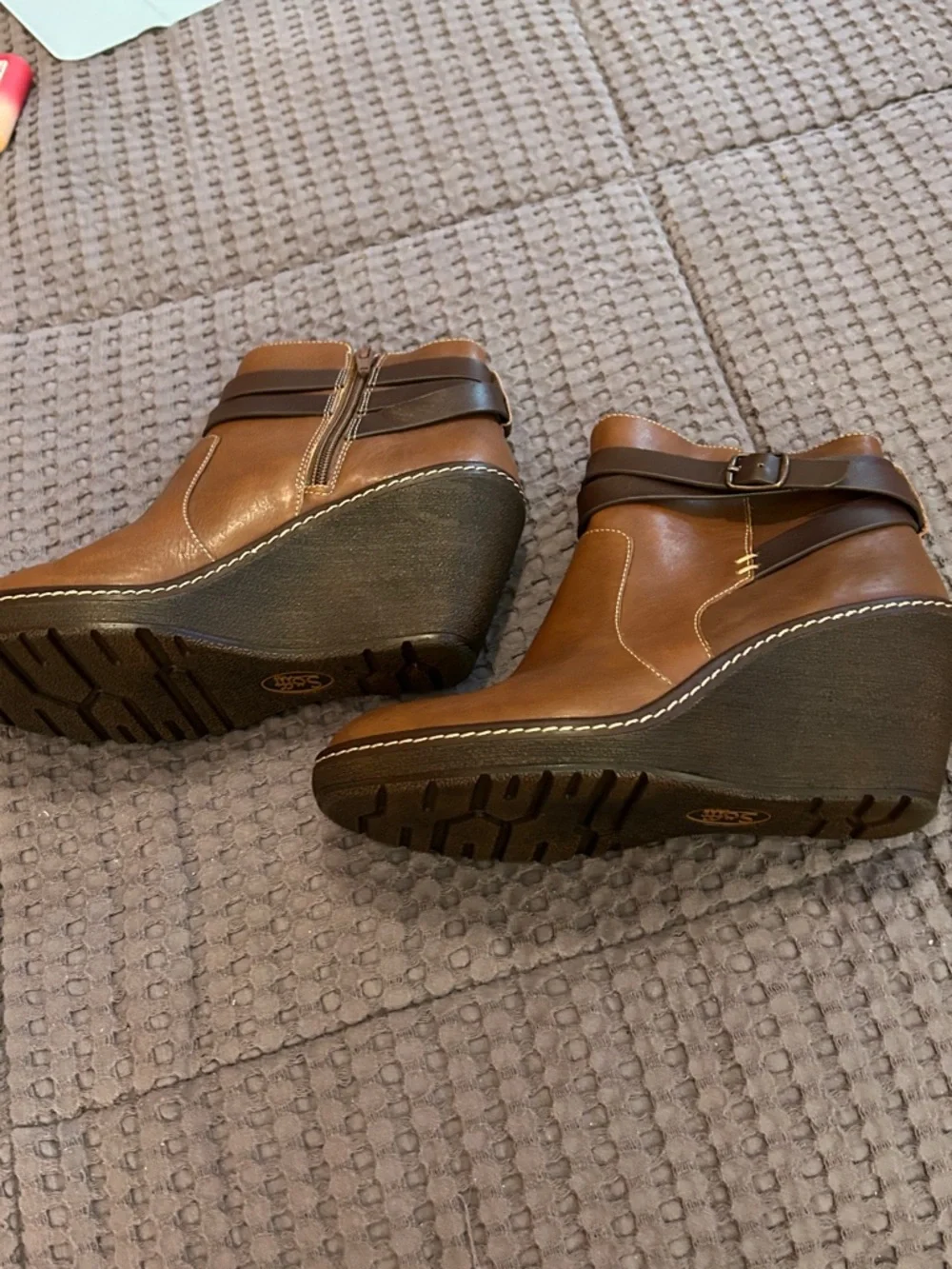 Sofft Cognac Wedge Ankle Boots with Buckle Wrap - Picture 7 of 12